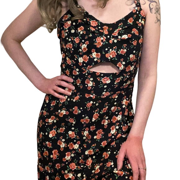 Farm Rio Jumpsuit Ditsy Floral Rose Print Wide Leg Cutout Bodice Black Womens 6 - Picture 7 of 10